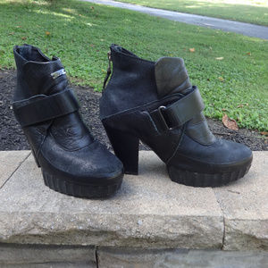 Adidas SLVR Black Leather Platform Booties Buckles